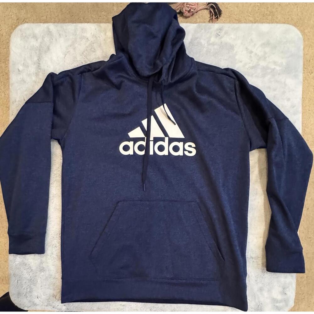 Adidas ClimaWarm Big Logo Pullover Sweatshirt Hoodie Men's Large Navy Blue - Picture 1 of 4